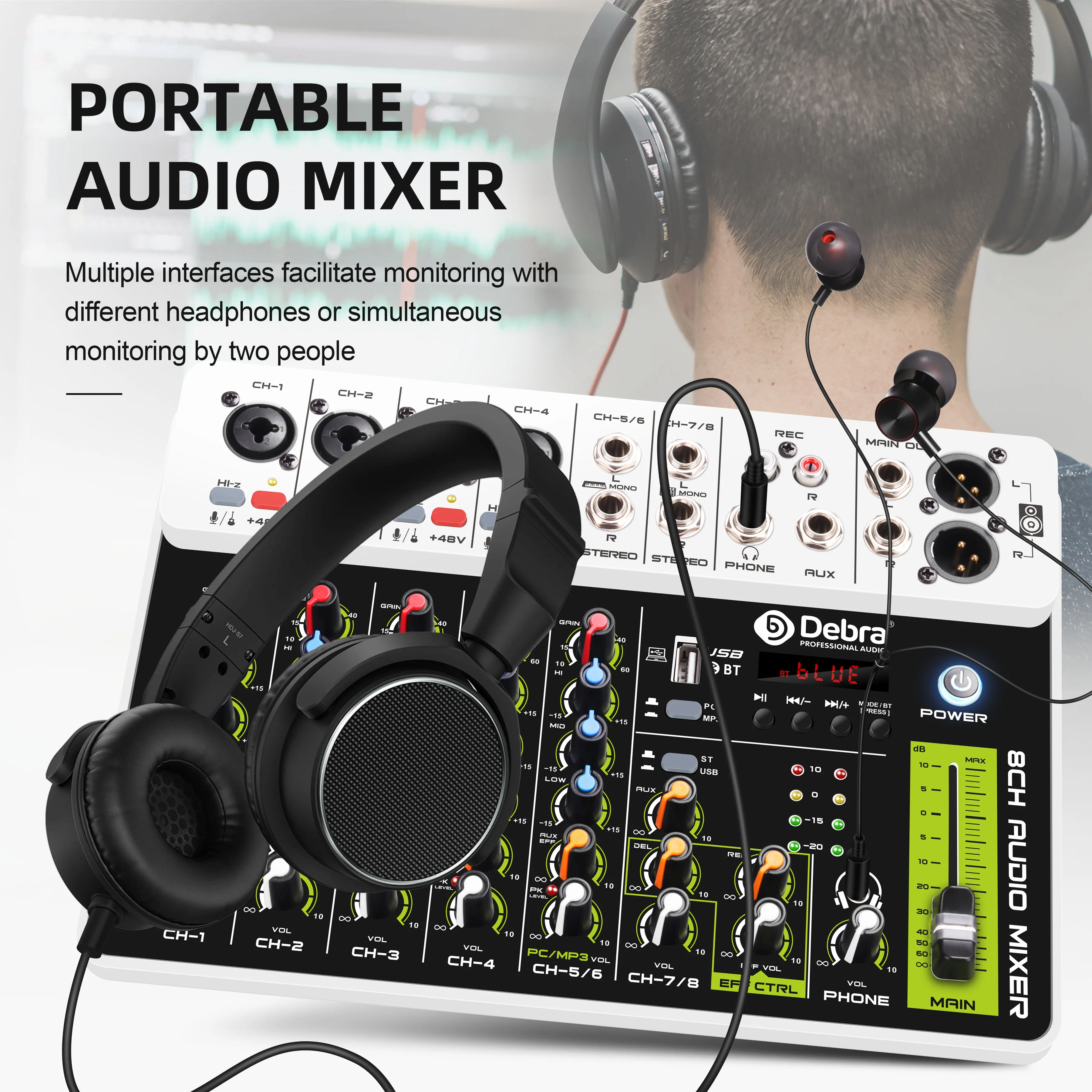 Debra Audio Mixer V8 Audio Interface Mixing Console Bluetooth Record PC 48V Fantoomvoeding Vertraging Herhaal Effect