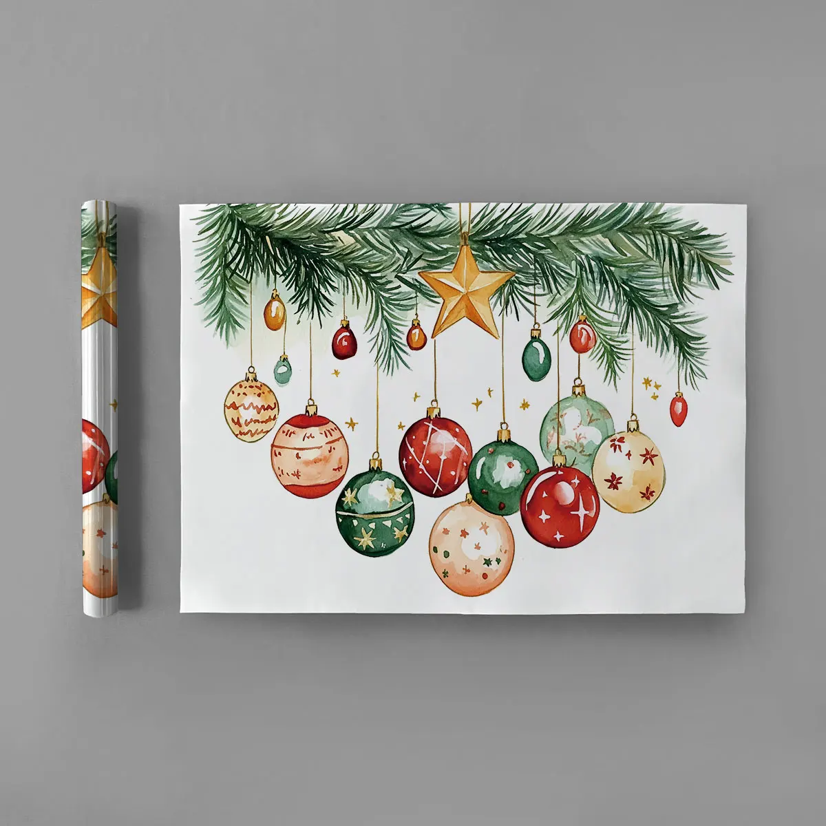 PVC self-adhesive wall stickers featuring Christmas pine branches, hanging decorative balls, and stars. Waterproof and remova