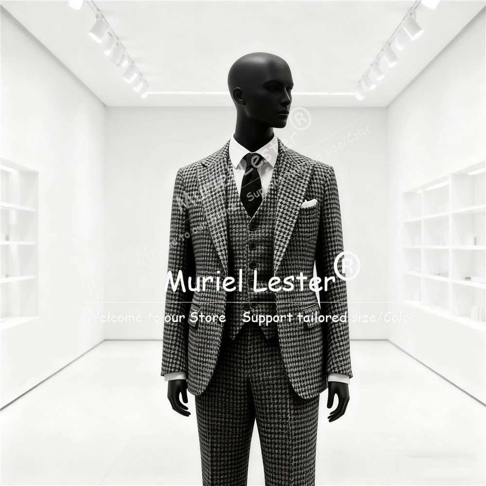 남성용 우아한 하운드투스 정장, 패션 노치 라펠 3피스 블레이저 조끼 바지 맞춤형 정장 이브닝 파티 턱시도