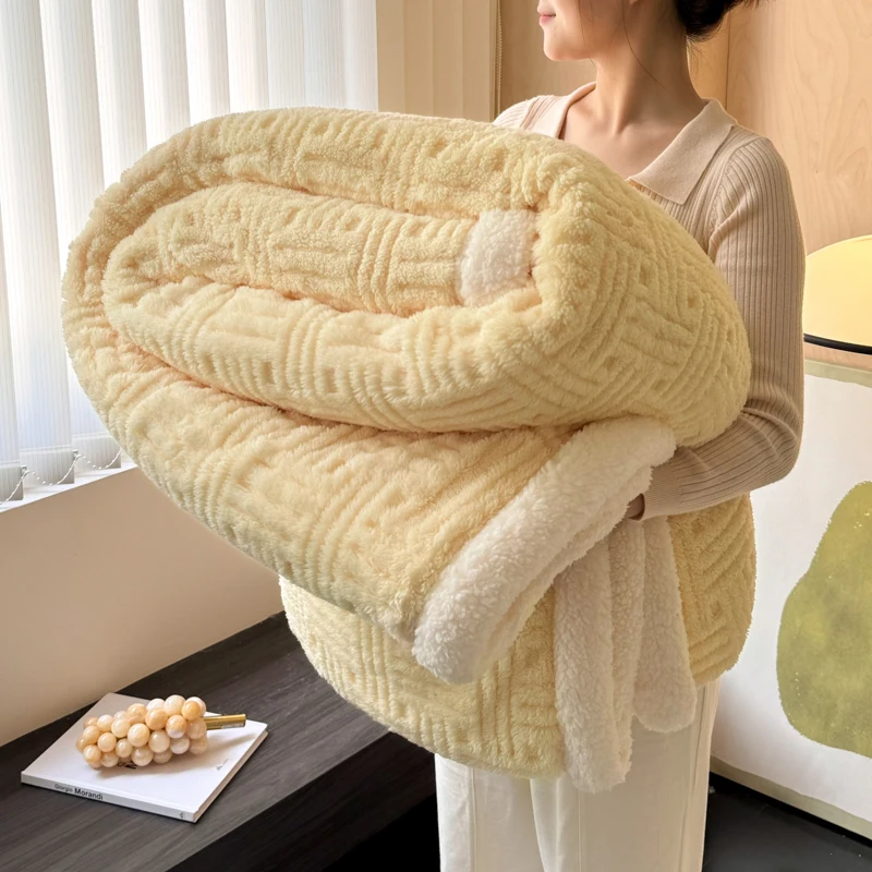 Jacquard Lamb Fleece Only Blanket or Blanket and Pillowcase Sets Soft Warm Milk Velvet Sofa Blanket Queen Spring Autumn Duvets