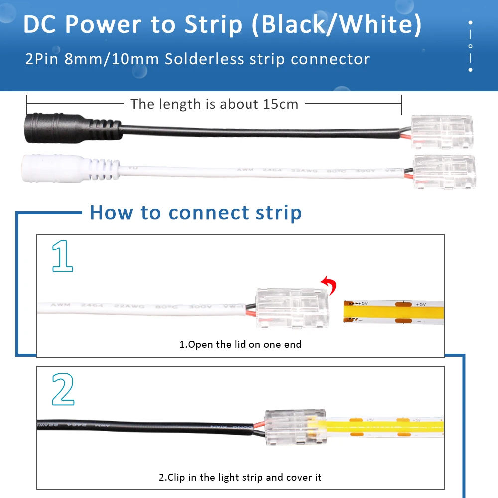 LED Strip Connector 2Pin 8mm 10mm PCB Quick Wire Corner Connector Welding-Free for 2835 5050 SMD COB Flexible LED Strip Lights
