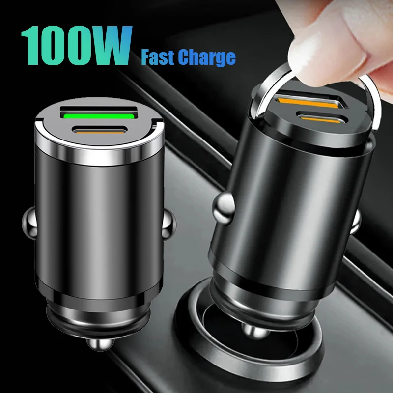 100W Hidden Car USB Charger Super Fast Charge Dual USB Port Cigarette Lighter Adapter 30W PD Charger for iPhone iPad Android