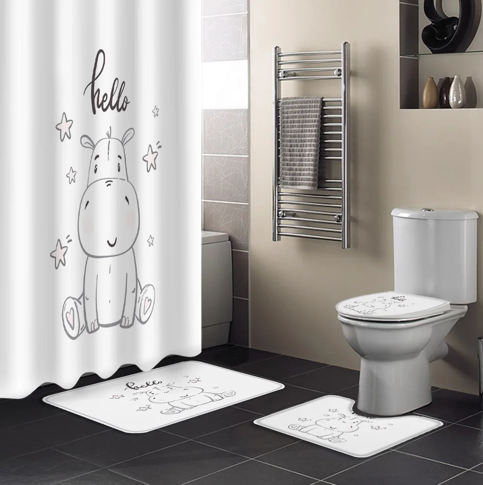 Stars Hippo Baby Cute Animal Shower Curtain Toilet Seat Cover Set Wc Accessories Mat Bathroom Decor Bath Curtains