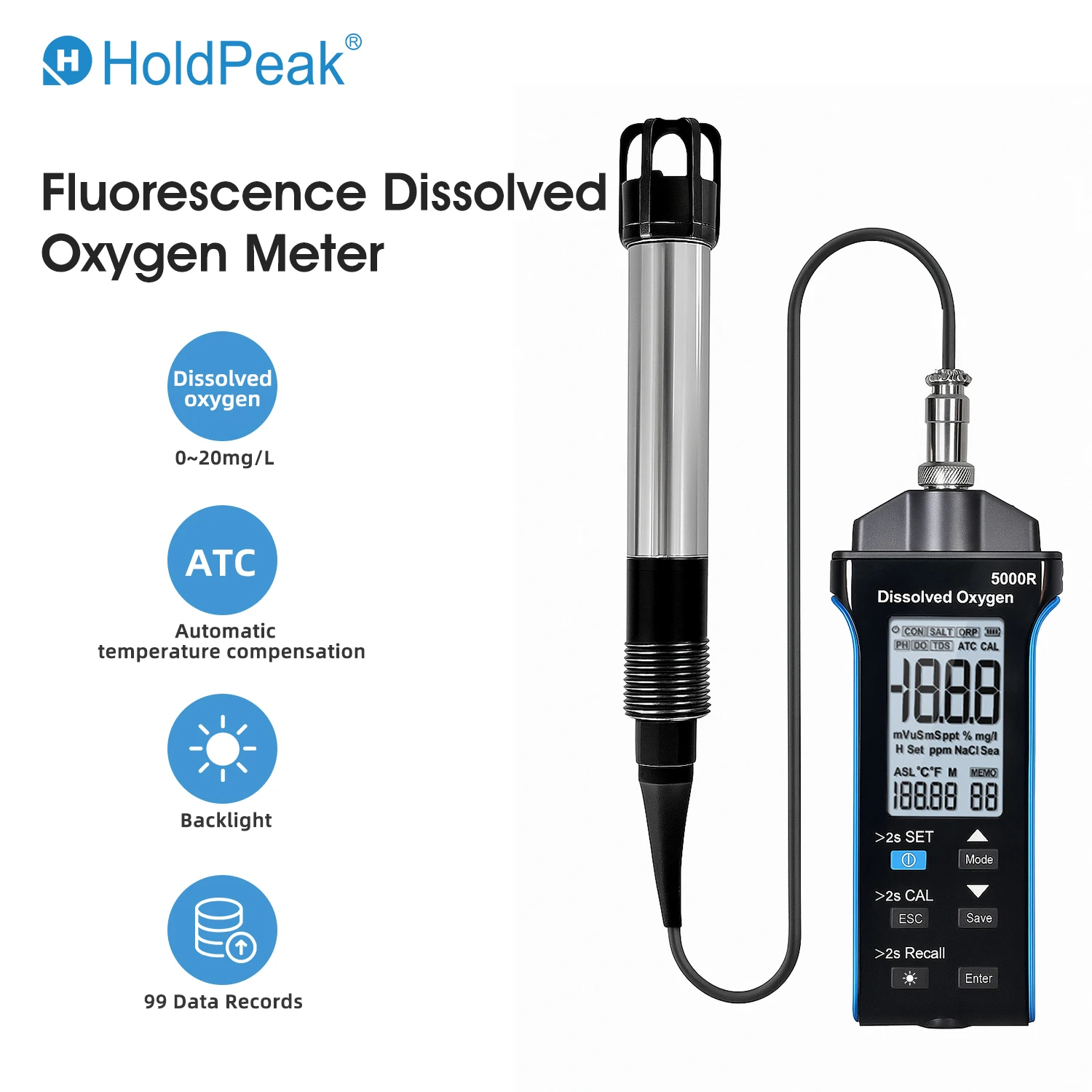 

Digital Fluorescent Dissolved Oxygen Meter 0.0-20.0mg/L DO Tester with Temp/Salinity/Altitude ATC 99 Data Storage for Aquacultur