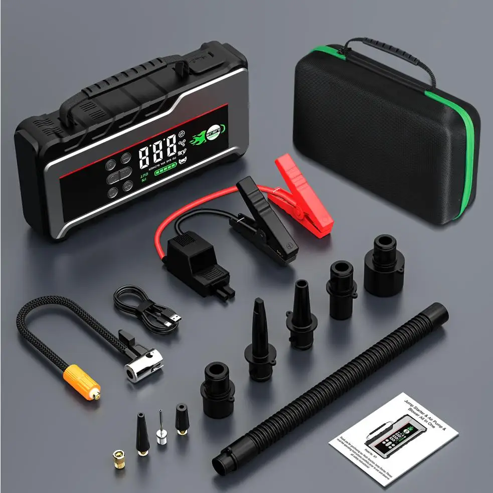 1000A/1500A PEAK Auto Startkabels & Luchtcompressor, 150PSI Bandenpomp voor Benzine/Diesel, 3-Modus LED, Draagbaar Energie Station