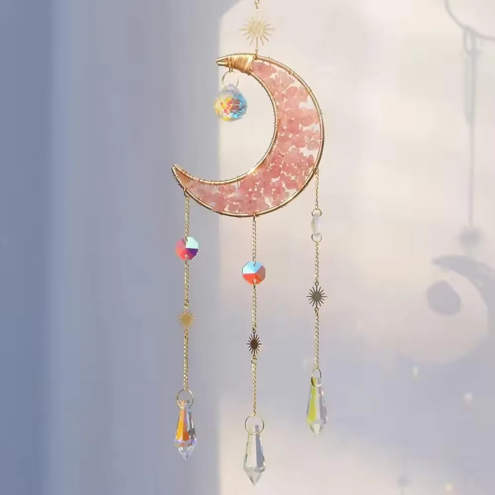 Rose Quartz Moon Sun Catcher Wind Chime - Crystal Hanging Ornament for Window Home Decor & Gift