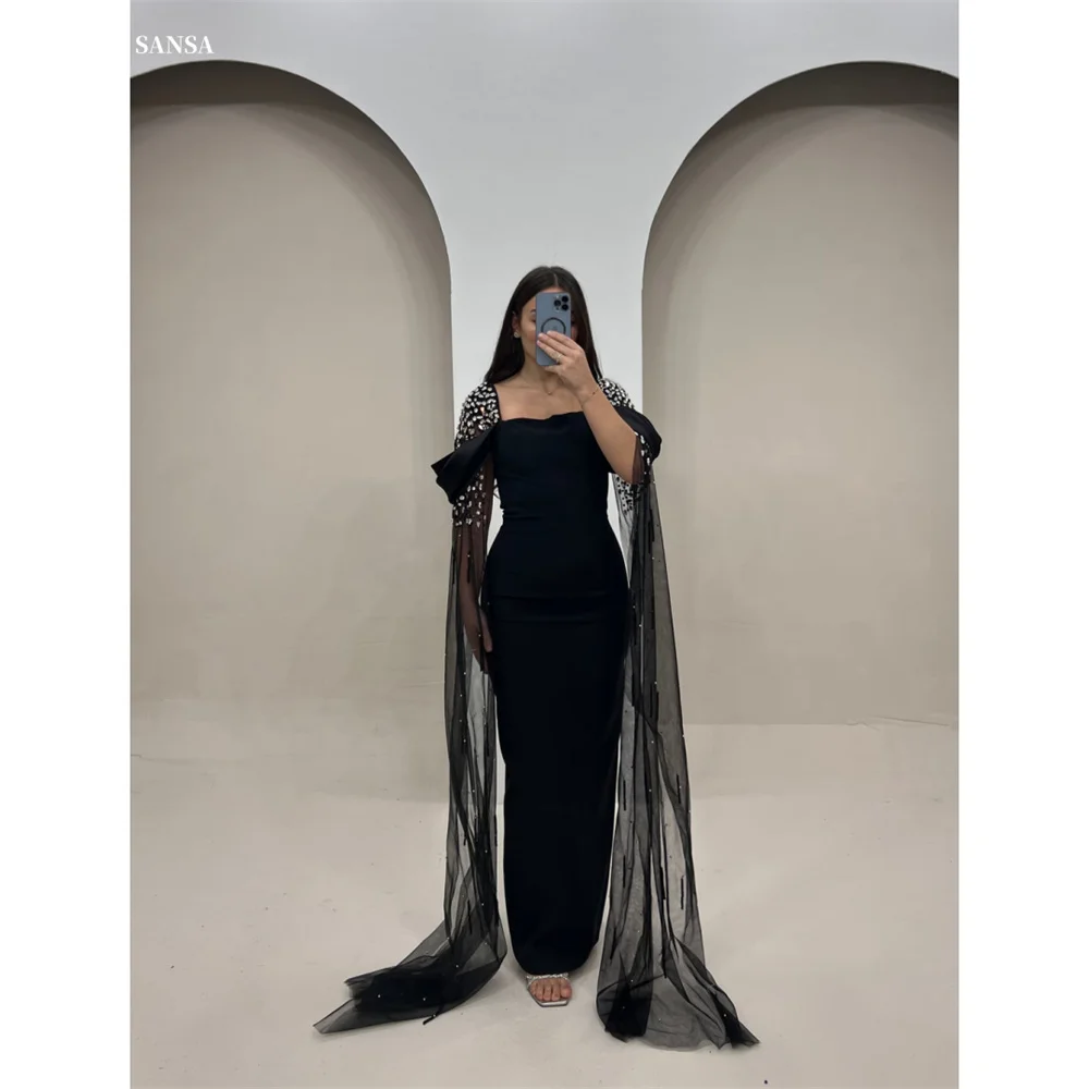 

Sansa Customized Square Neck Black Column Prom Dresses Zip Luxury Evening Dresses Floor-length Simple فساتين للمناسبات الخاصة