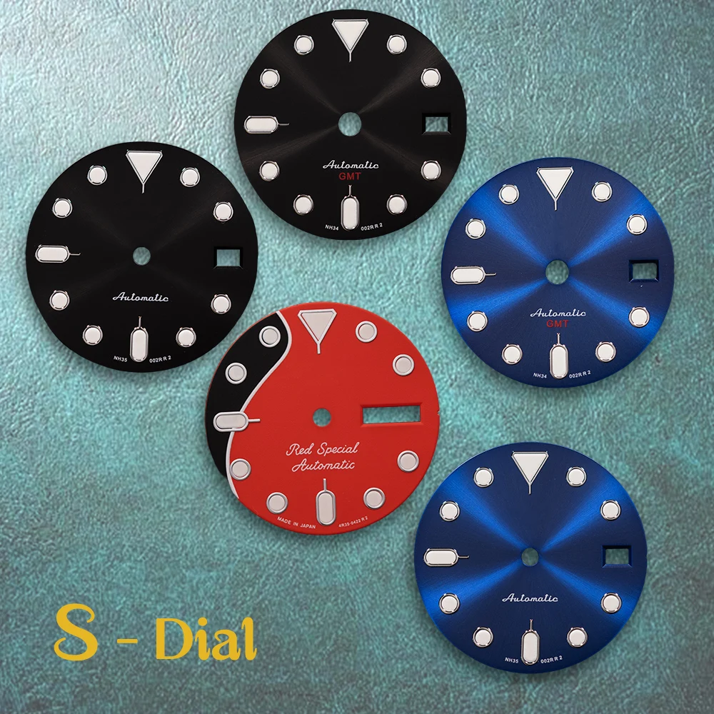 28.5mm S-S Logo New Black/Blue Sunray Dial GMT Dial Fit NH34/NH35/NH36 Movement Green Luminous Watch Modification Accessories