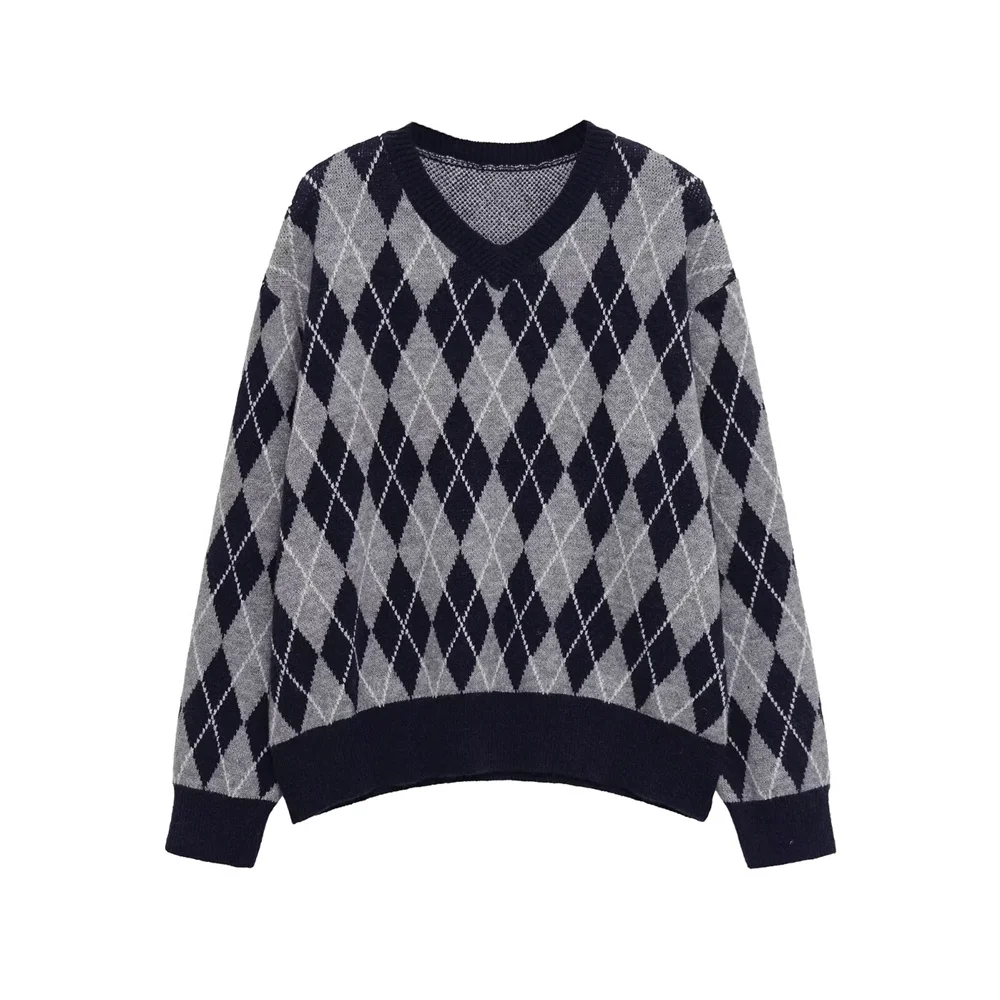 

Осенняя новая женская одежда, простой повседневный пуловер с v-образным вырезом и длинными рукавами, свитер с ромбовидным узором, вязаный свитер