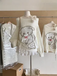 Fall Winter Women Sweet Korean Girl Slash Neck Cuddly Sweater Long Sleeve Pullovers 2000s Aesthetic Mori Girl Cozy Cute Core