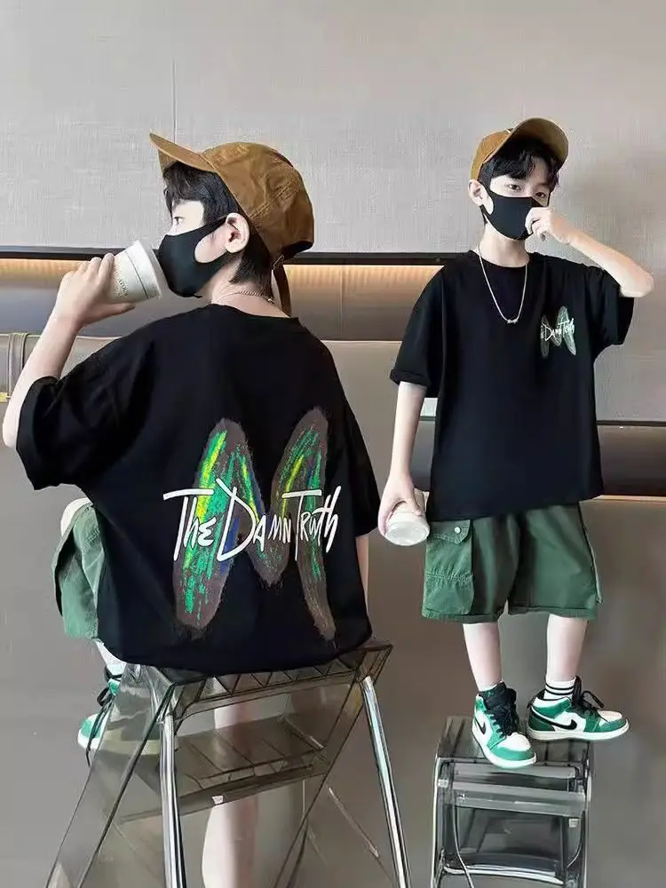 

Korean Style Teenage Boys Girls Sport Wear Clothing Suit Short Sleeved Cotton Solid Color T-shirt+Shorts Children Tracksuit