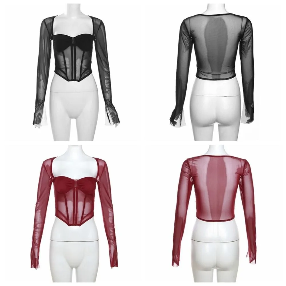 Fashion Transparent Mesh Fishbone Tops Thin Pullover Mesh Long Sleeve Tops Y2k Spicy Girl Style Slim Crop Tops Festival