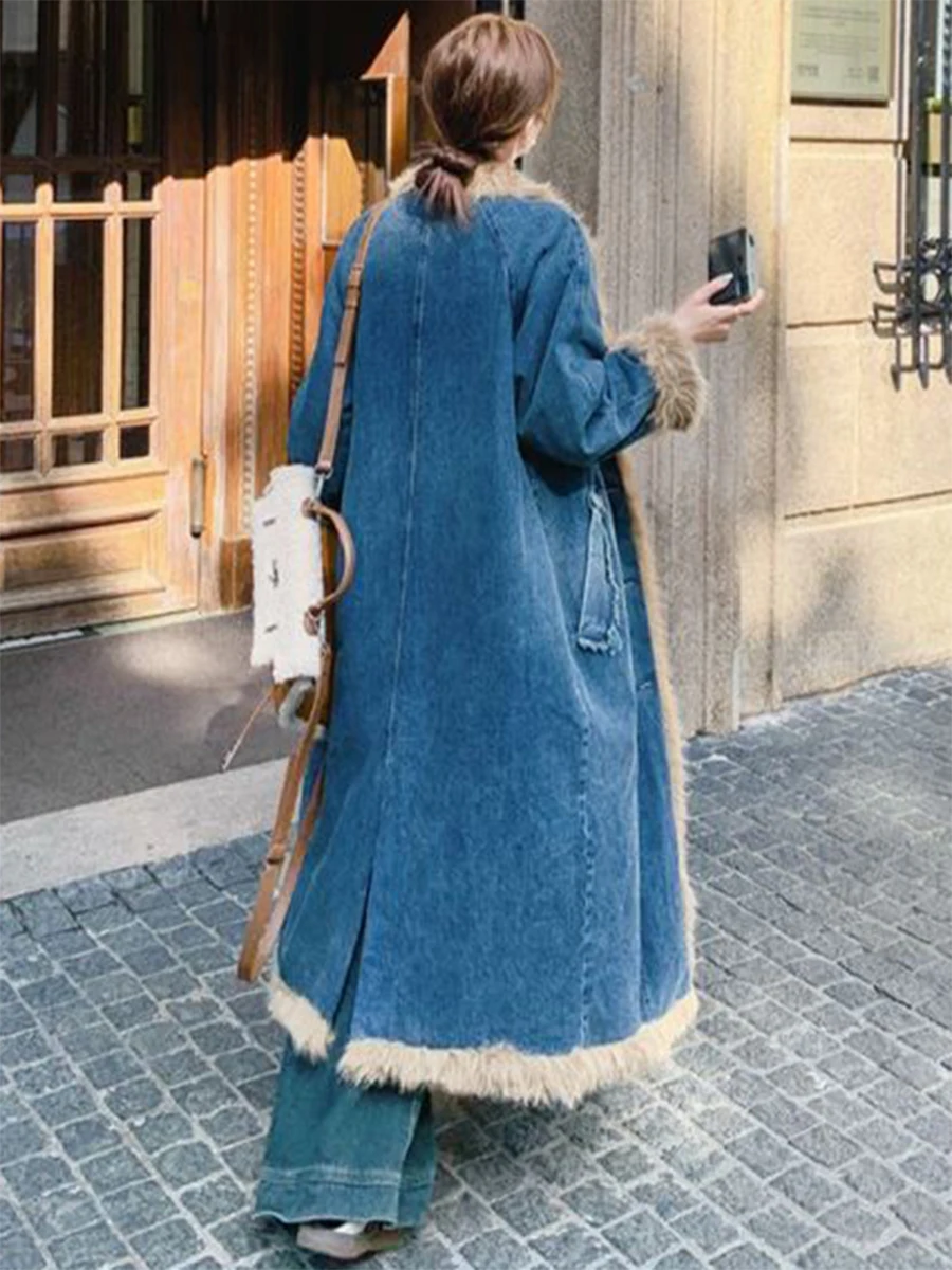 GALCAUR Women Quilted Coat Patchwork Denim Design Fur Collar Long Sleeves Loose Midi Length Winter Streetwearoutwear Female New