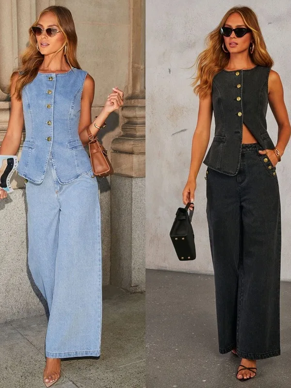 

Ele Svel Vest Wide Leg Jeans Denim Suit Women's Casual Sportswear Street Sle Trendy Pure Color Summer Faion