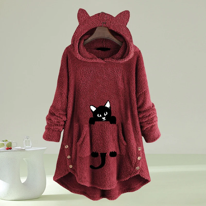 Cartoon Cat Hood Sweatshirt Women Winter Fleece Loose Long Sleeve Pullover Tops Streetwear Casual Hoodies Fluffy Warm Homwear