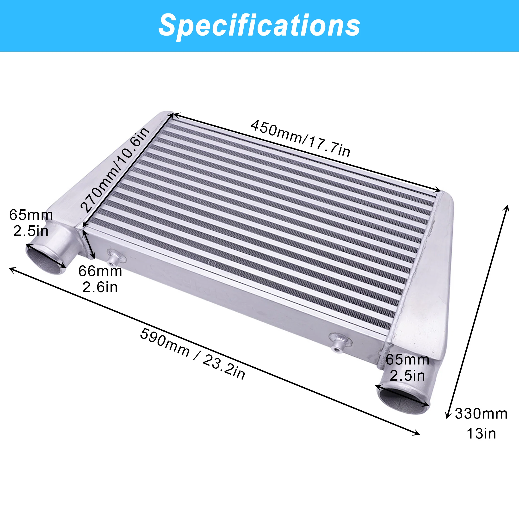 450x270x66mm 알루미늄 인터쿨러 2.5인치 63mm 터보 충전 공기 냉각용 입구/출구 유니버설 프론트 마운트 업그레이드 라디에이터