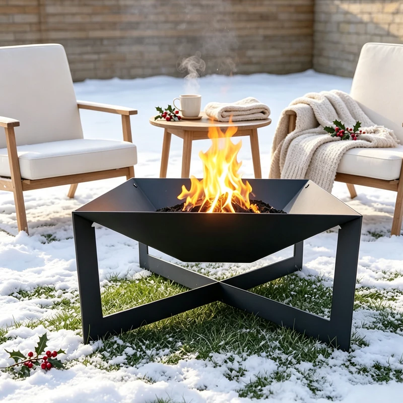 48cm Square Outdoor Fire Pit, Black Metal Wood Burning Fire Bowl for Patio Garden Backyard, Campfire Pit
