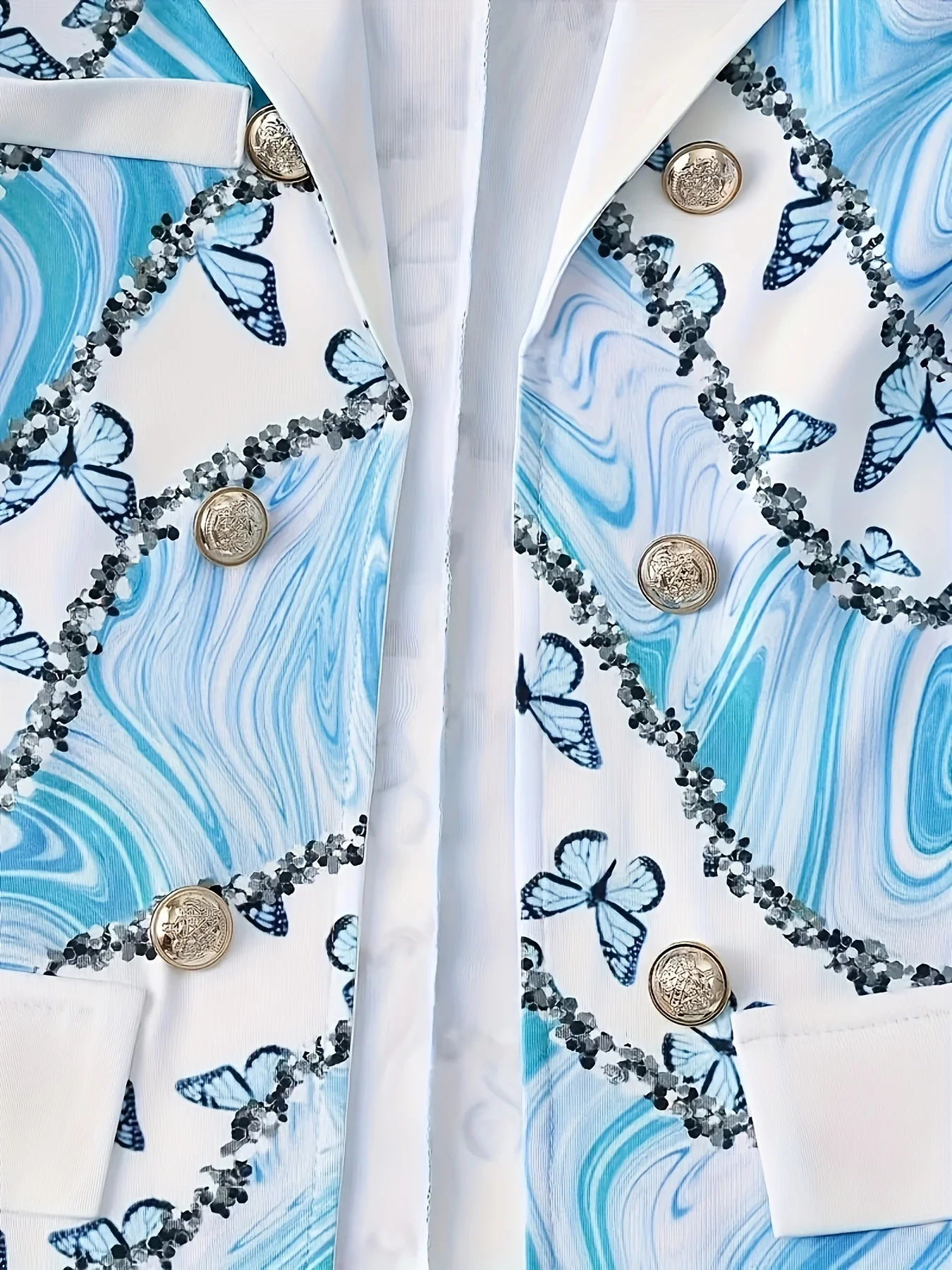 Elegantes, modisches zweiteiliges Set, Kragen mit Schmetterlingsdruck, lange Anzugjacke in reiner Farbe, gestreifte Hose mit hoher Taille,