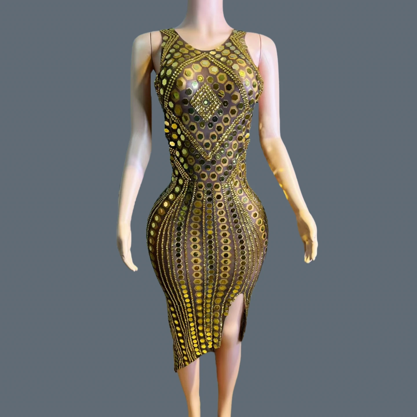 

High-end Gold Sequins Side Slits Bodycon Dress Mesh Black Evening Dress Sexy Night Party Outfit Formal Cocktail Dress Kuangshan
