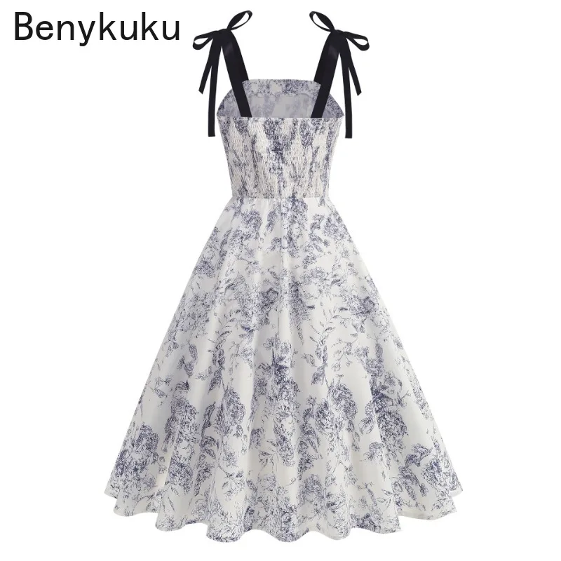 French Vintage Oil Painting Style Print Floral Strap Midi Dress Women Summer Clothes Sleeveless Swing Vacation Party Cami Dress