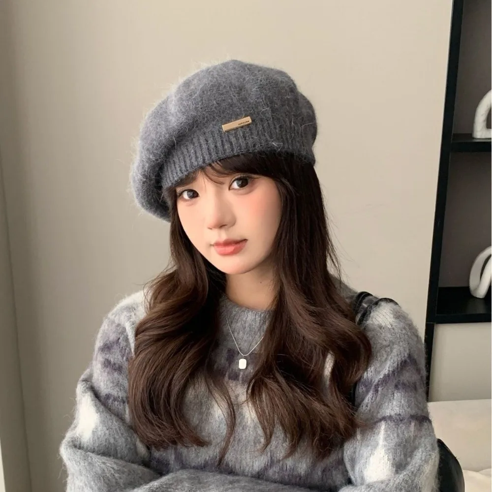 Fashion Warm Woolen Crochet Knitted Hat Solid Color Metal Label Beret Hat Anti-cold Beanie Cap Women Girl