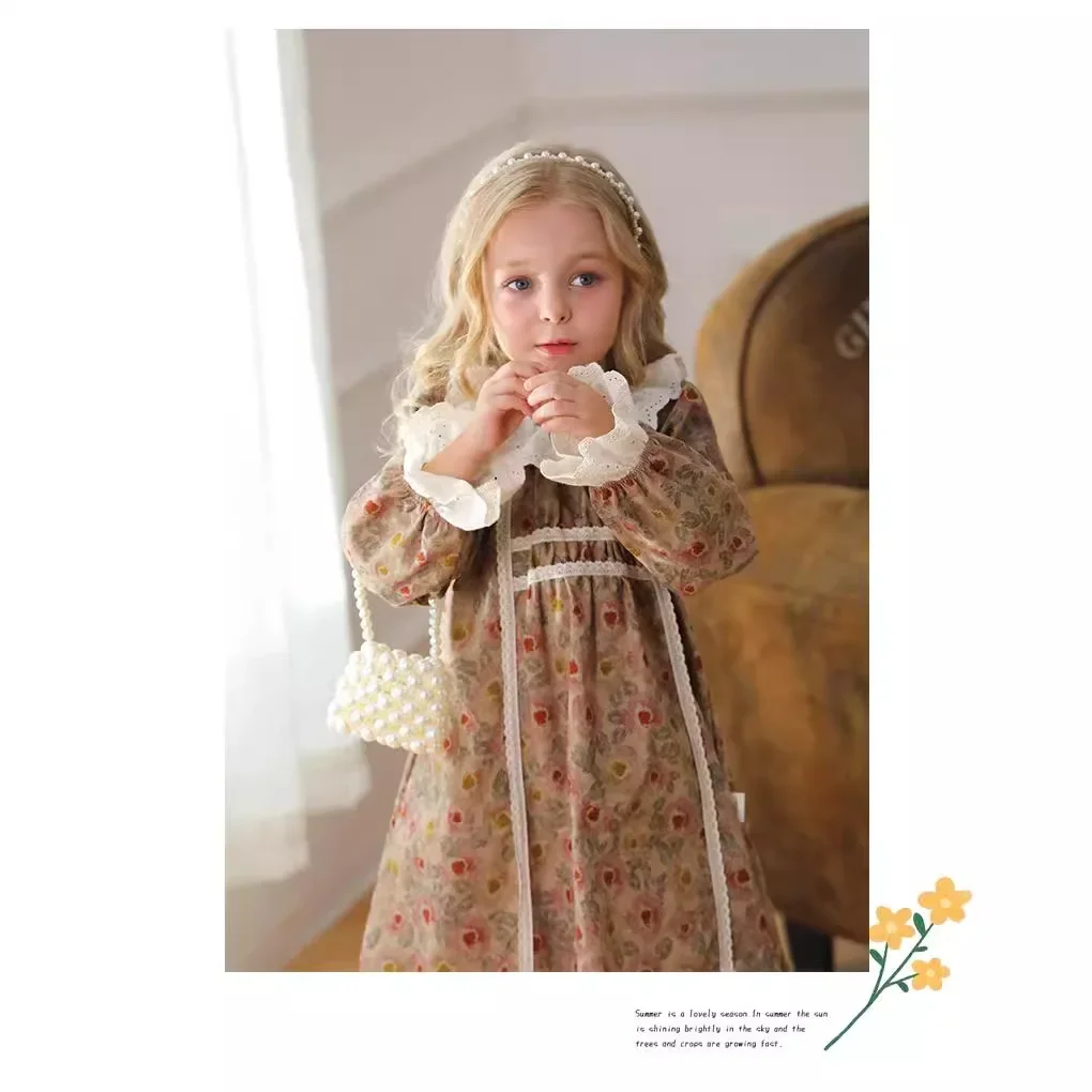 2025 Spring & Autumn Vintage French Lace Ruffled Collar Floral Dress for Girls - Long Sleeve Princess Dress