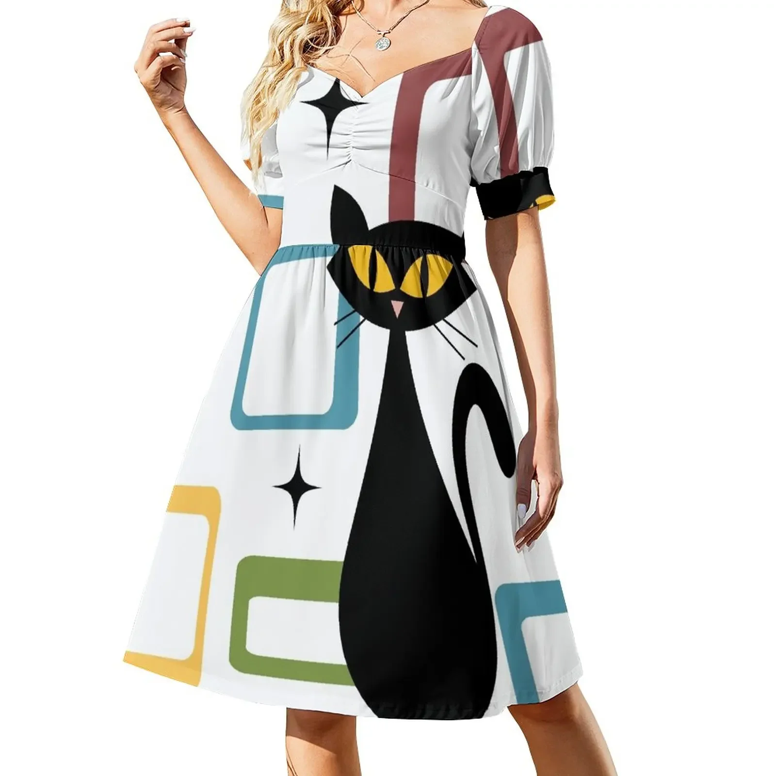 

Mid Century black cat Short-Sleeved Dress elegant evening dresses for women 2025 Women's summer dress bandage dress