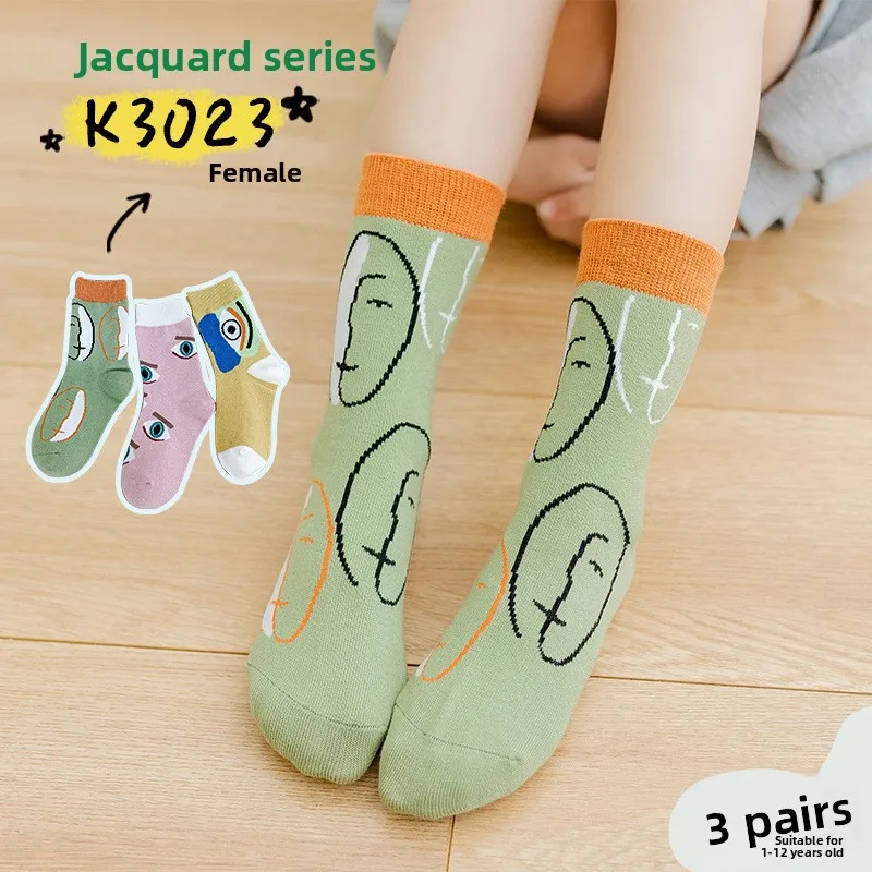 Cartoon-Tier-Abstrakter Druck Frühling-Herbst-Vier-Jahreszeiten-Stil gekämmte Baumwolle bequeme atmungsaktive Kindersocken 3er-Pack