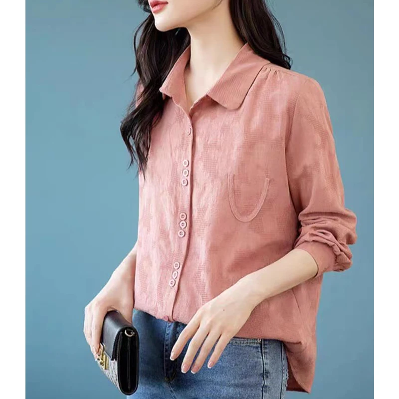 New Autumn Women Vintage Fashion Cotton Linen Shirts Simple Casual Commute Blouses Solid Long Sleeve Loose Tops Camisas De Mujer