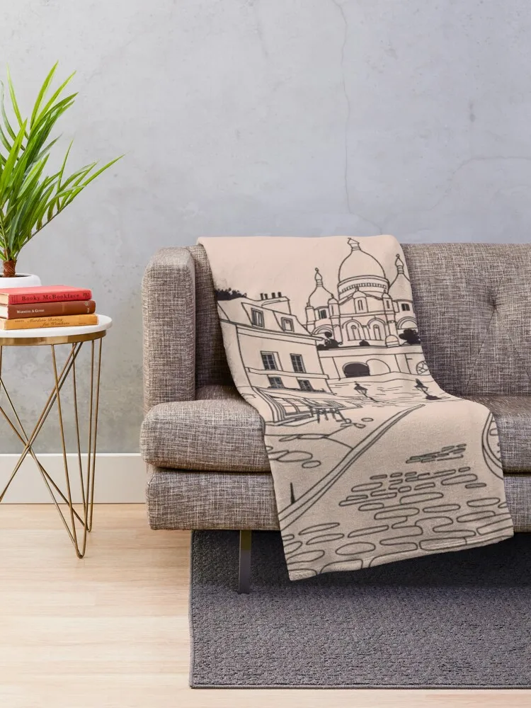 Montmartre Streets and Sacré-C?ur Paris Line Art Print. Carraann. Throw Blanket For Decorative Sofa Bed Blankets