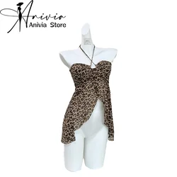 Women's Leopard Crop Top Y2k Sleeveless Tank Top Vintage Harajuku Off Shoulder Camisole Cowboy Corset Top 2000s Clothes Summer