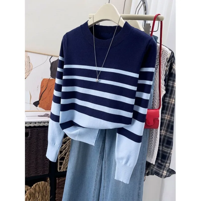 

Осенне-зимний полосатый свитер с круглым вырезом, женский простой вязаный топ для поездок на работу