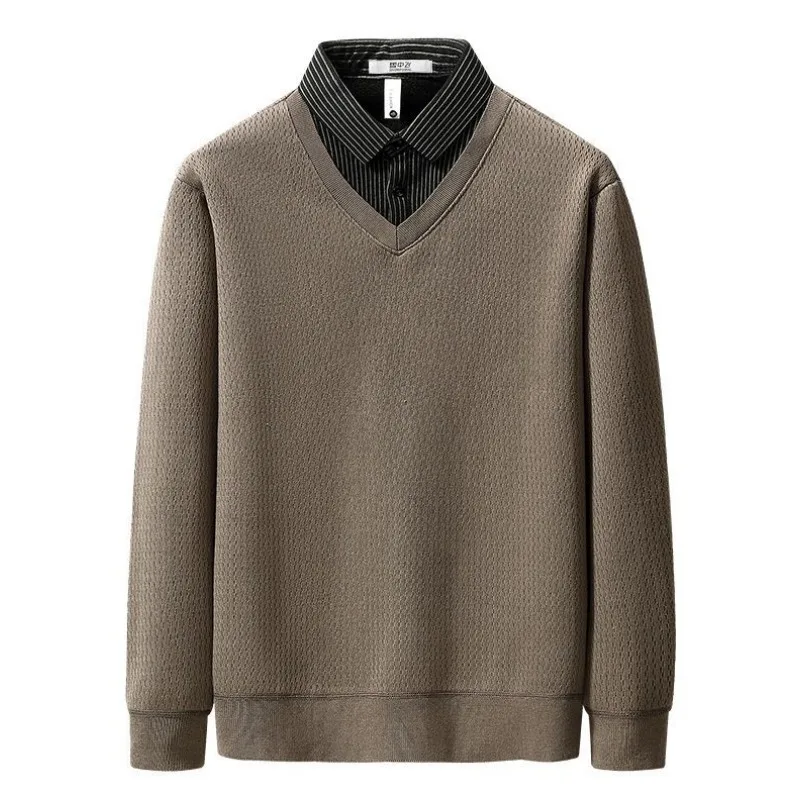 Men Fleece Lined Fake Two Piece Sweater Shirt Collar Warm Knit Pullover Casual Undershirt For Winter