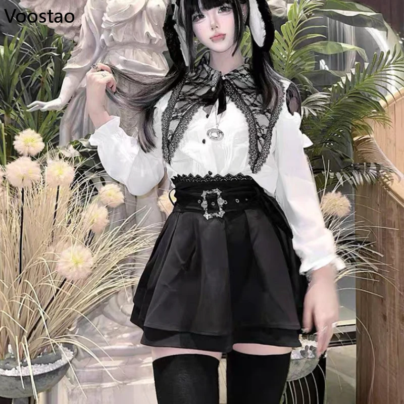 Y2k Aesthetic Lolita Skirt Set Japanese Gothic Bow Lace Off Shoulder Long Sleeve Shirt Mini Skirts Suit Harajuku Sweet Outfits