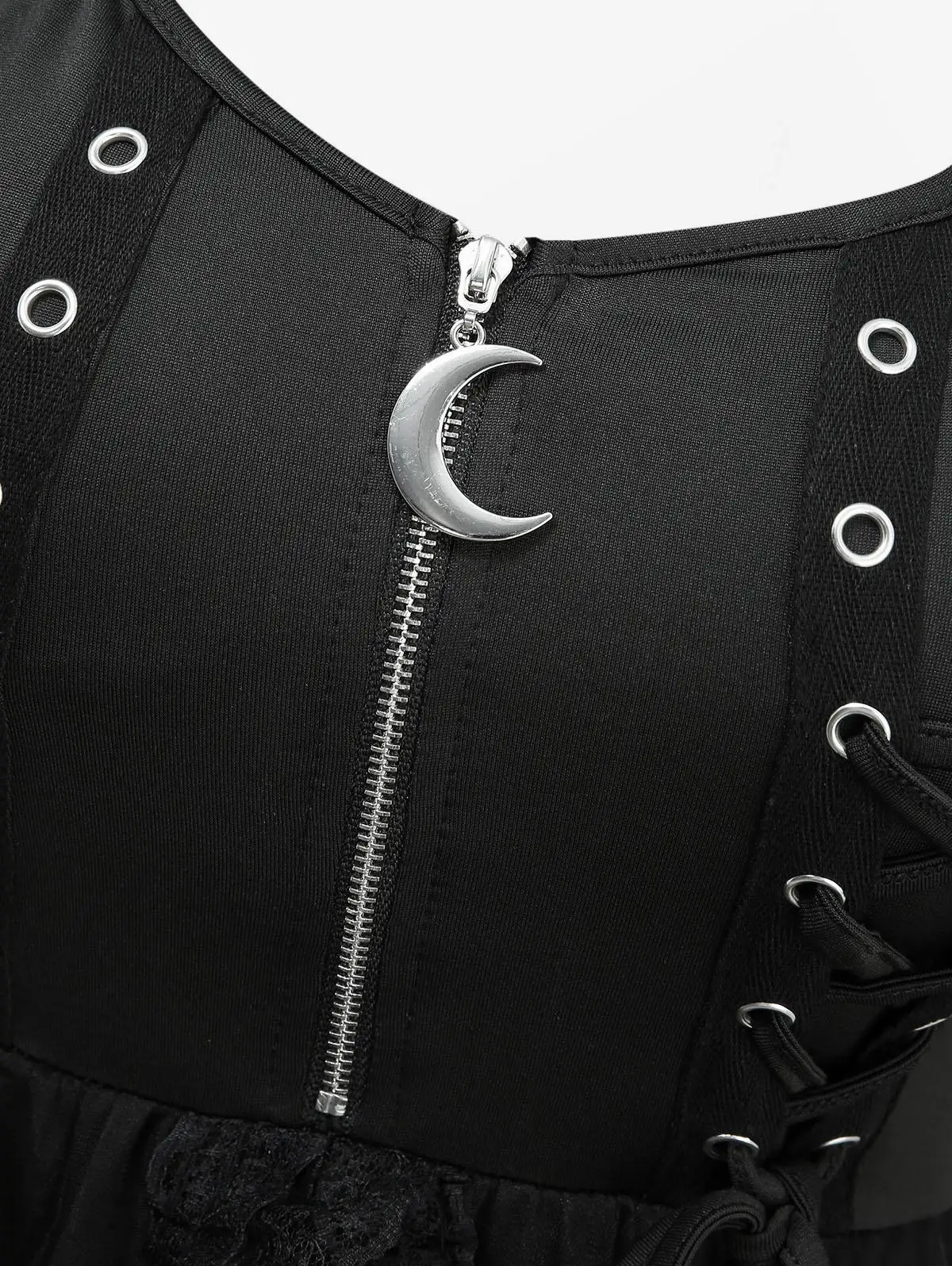 New Black Dresses Womens Spring Summer Lace-up Grommets Moon Zipper Floral Lace Trim Asymmetrical Hem Tank Dress Casual Vestidos