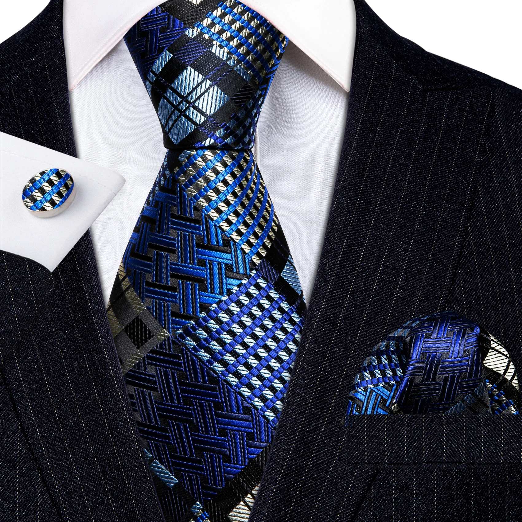 

New 40Pcs Silk Blue Plaid Men Tie Wedding Gift Barry.Wang Designer NeckTie Handkerchief Cufflinks Set Business Groom LN-5801