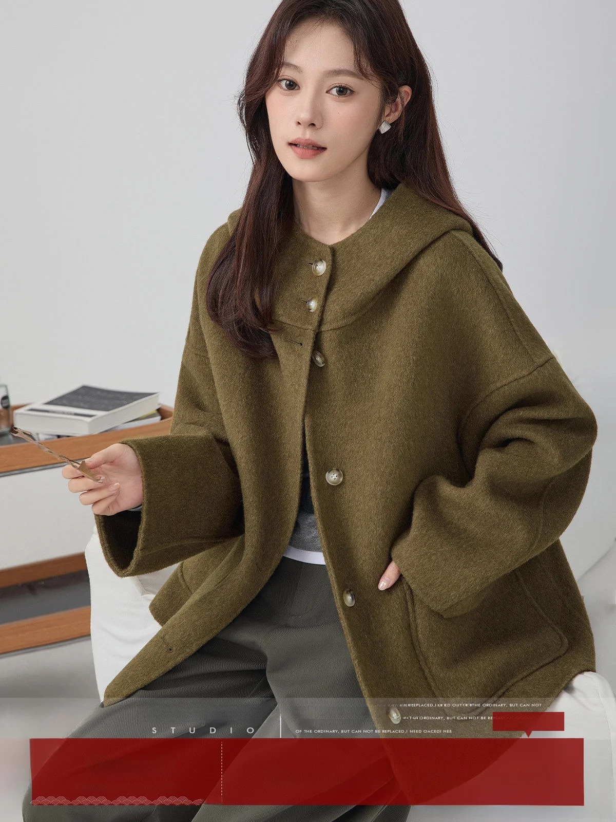 

MoZaic Women's ort Woolen Coat with Hood Double-Faced Camere Autumn Winter New Sle Vintage Commute Slim Fit Long Sve