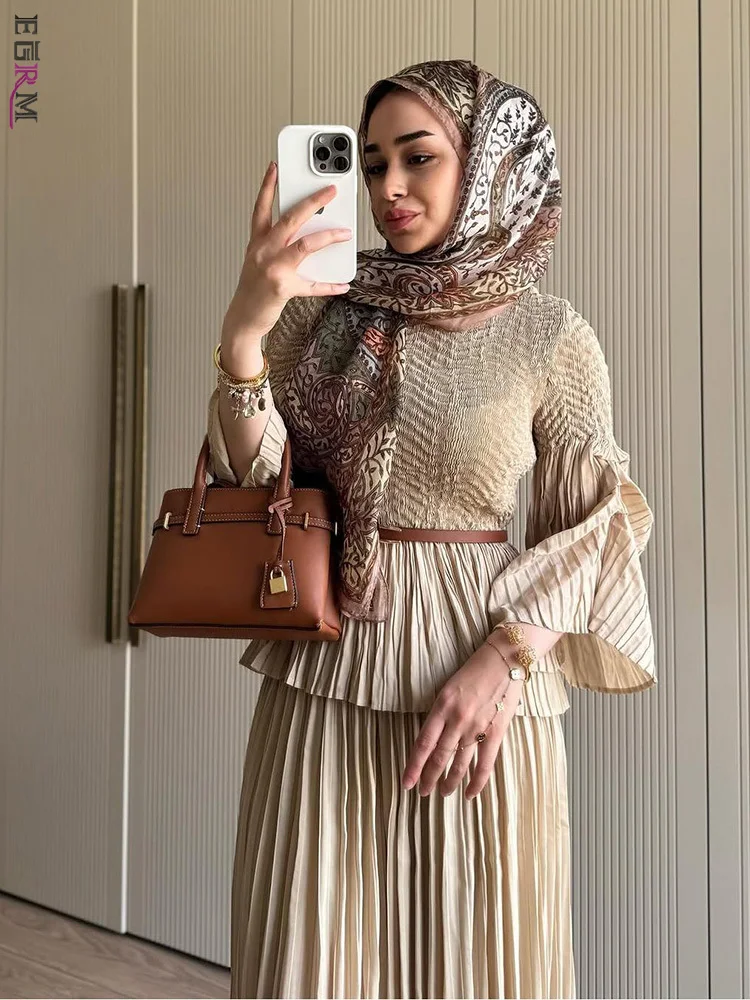 

EGRM Women High End Party Pleated Two Pieces Set Round Neck Long Sleeves Tops + High Waist Wide Leg Pants Solid Color Sets 9R571
