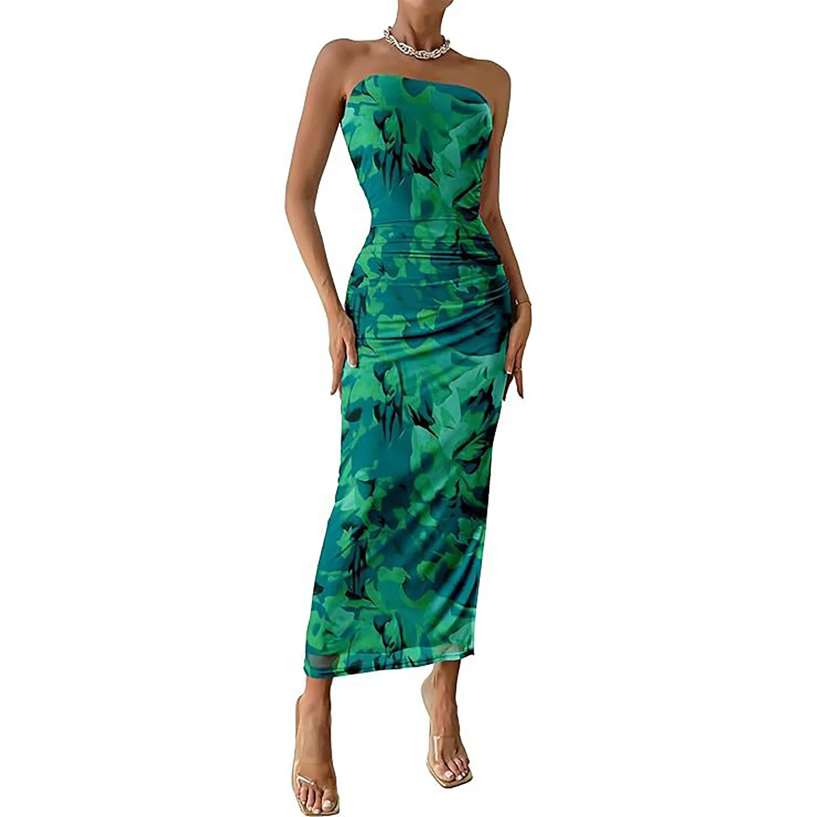 Zomer Sexy Mouwloze Strapless Midi Jurk Vrouwen Mode Print Bodycon Feestjurken Dames Strand Zonnejurk Dames Vestidos