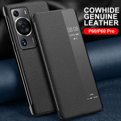 Genuine Leather Flip Cover For Huawei P60 Pro P60Pro Case Original Mirror Smart Touch View Wake Sleep Up Protection Capa Fundas