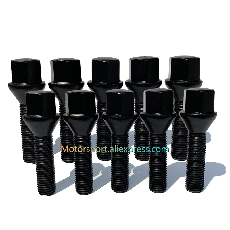 10x Black 14x1.5 Lug Bolts 50mm Shank For Volkswagen Aftermarket Rim 20-25mm Spacer