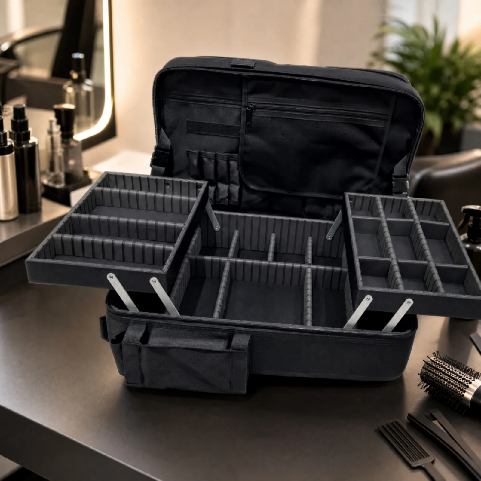 Barber and Cosmetics Backpack with Sliding Organizer Trays Structured Mobile Workstation Backpack Portable Spacious