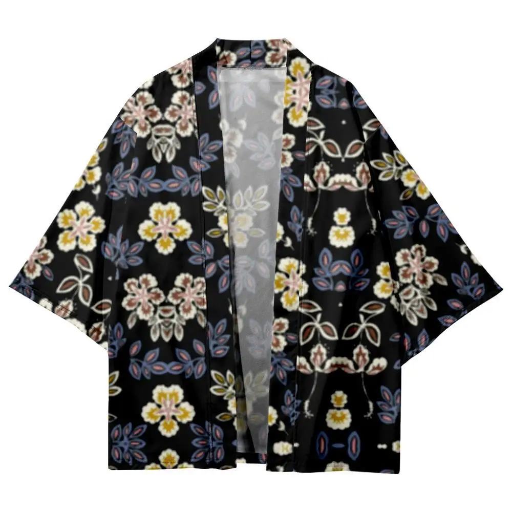 Couple Women Men Color Leaves Floral Printed Black Loose Cardigan Haori Yukata Casual Summer Kimono Beach Shorts Streetwear