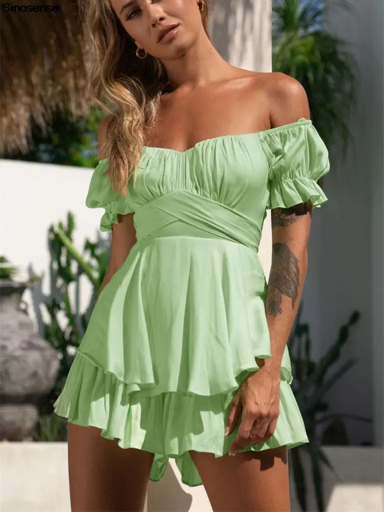 

Women Off shoulder Summer Boho Romper Sexy Playsuits Casual Lantern Short Sleeve Double Layer Ruffle Tie Back Short Jumpsuits