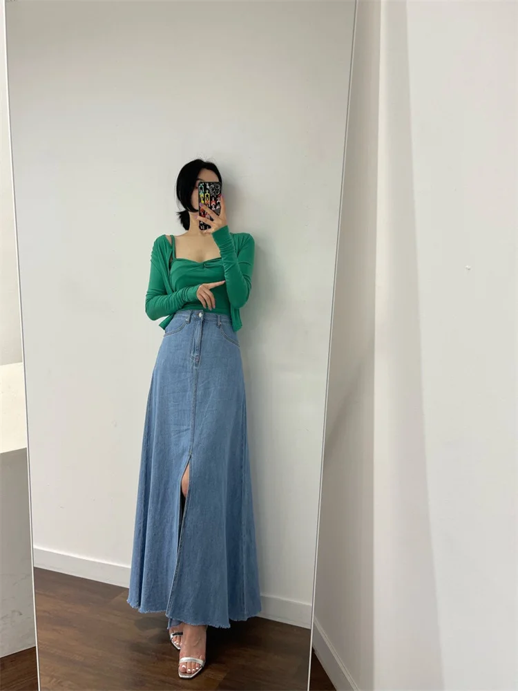 Koreaanse Chique Zomer Gewassen Blauwe Denim Rok Retro Stijl Hoge Taille Voorkant Slit Rok Met Rauwe Rand A-Lijn Lange Rokken Voor Vrouwen