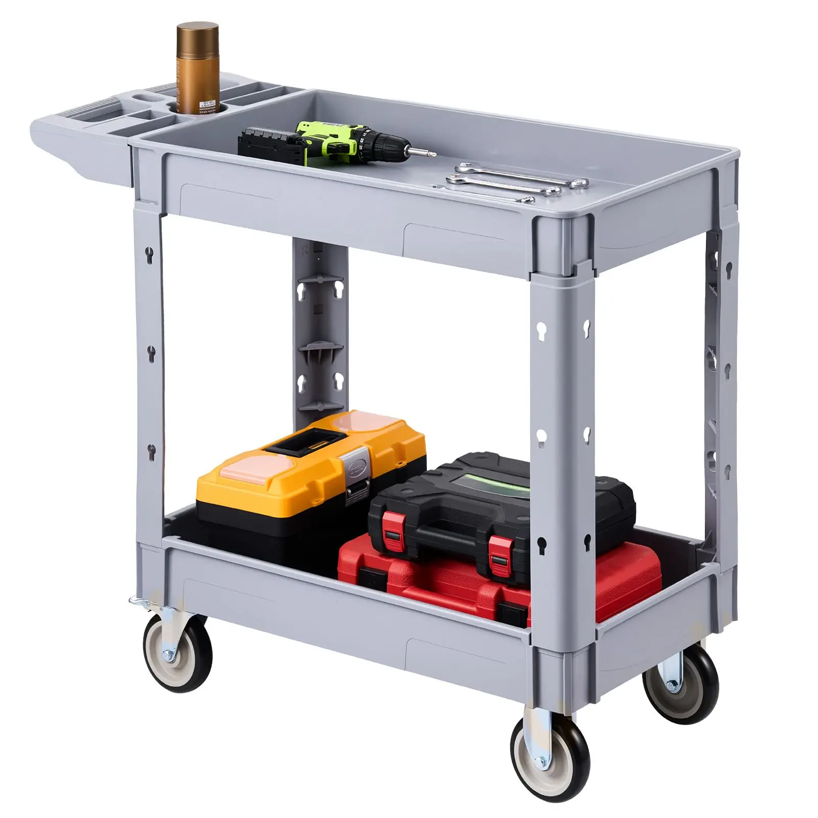 Utility Cart, 550 lbs Capacity, 2 Tier Service Cart with 360° Swivel & Fixed Wheels (2 with Brakes), Heavy Duty Plastic Rolling