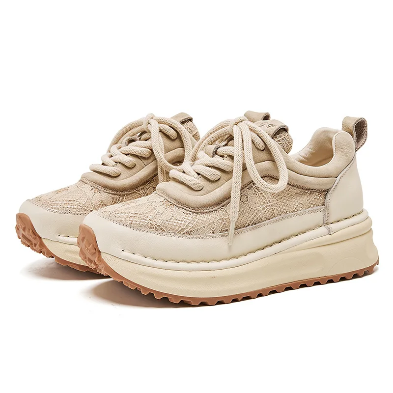 2026 New 4cm Top Cowhide Premium Mesh Women Trendy Sneakers Spell Colors Temperament Breathable Sneakers Fashion Casual Shoes