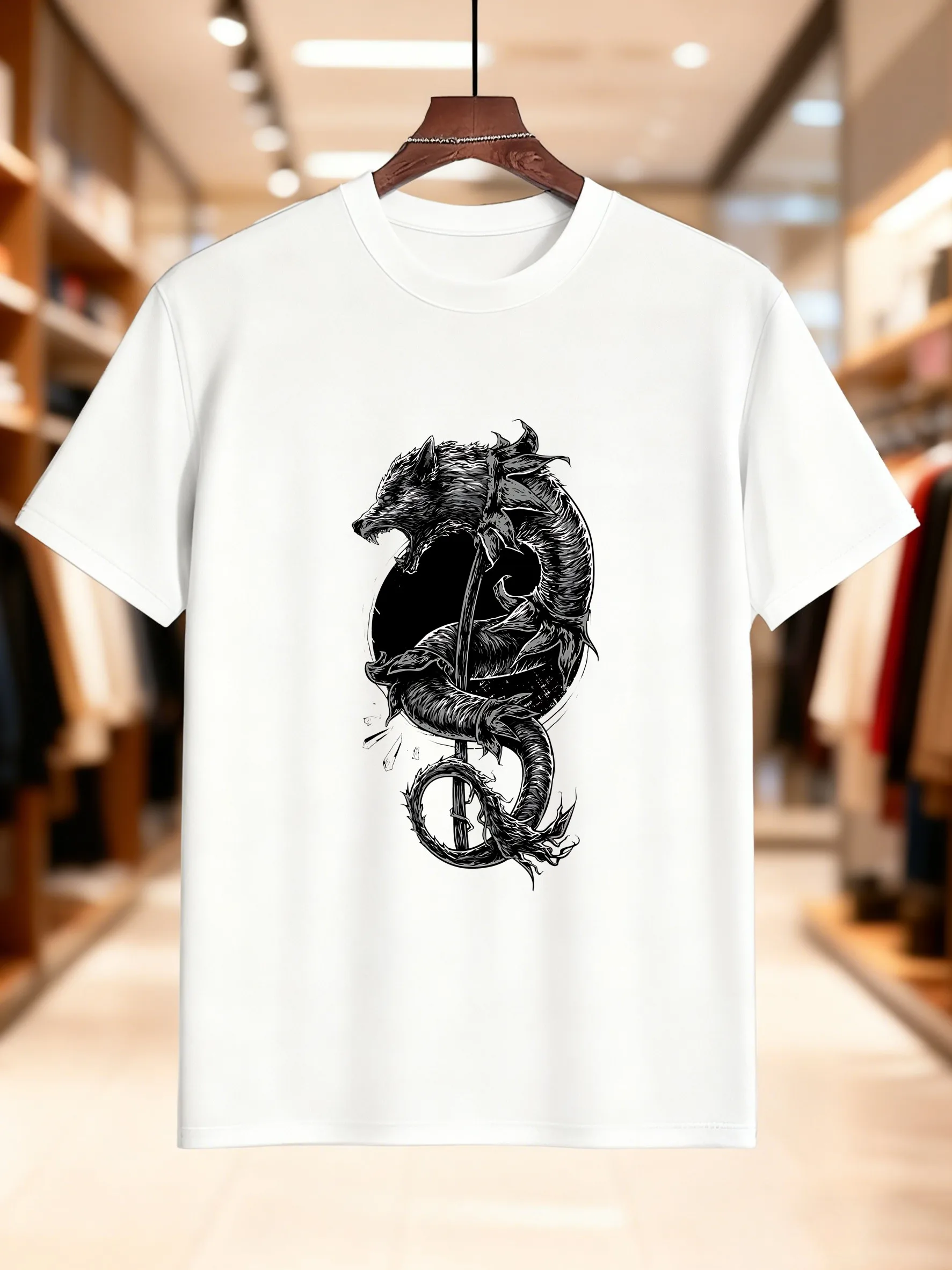 تي شيرت رجالي مطبوع عليه Dragon-Snake - تي شيرت مريح 100% قطن يسمح بمرور الهواء، قميص كاجوال عصري بتصميم فني باللونين الأسود والأبيض، P #4