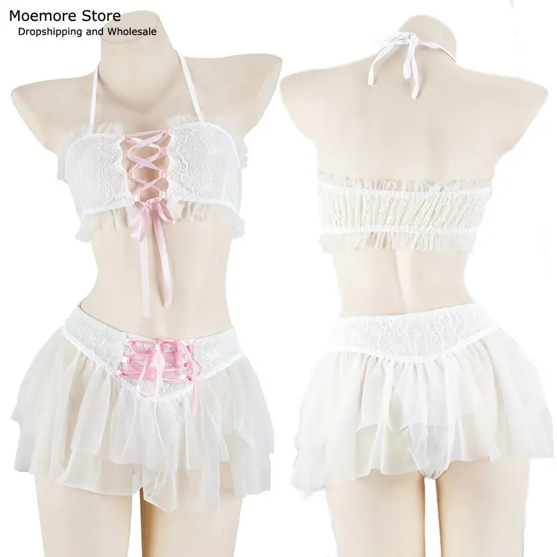 Kawaii Sexy Lingerie Set Ribbon Lace up Hollow Out Bandage Chiffon Semi Transparent Night Wear Clothes Cosplay Costumes Uniform