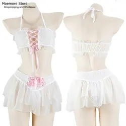 Kawaii Sexy Lingerie Set Ribbon Lace up Hollow Out Bandage Chiffon Semi Transparent Night Wear Clothes Cosplay Costumes Uniform